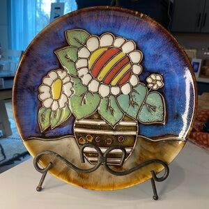 Handcrafted Blue & Brown Floral Ceramic Wall Plate
